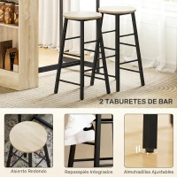 HOMCOM Conjunto Mesa Alta de Cocina con 2 Taburetes Reposapiés 3 Compartimentos Abiertos Estante Ajustable para Comedor Roble(m-5)