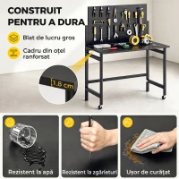 HOMCOM Banc de Lucru Pliabil Portabil cu Panou Perforat, Blat Gros din Lemn, Structură din Oțel, Negru(m-5)