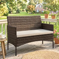 Outsunny Divano da Giardino 2 Posti con Cuscini e Tappetini Antiscivolo, in Rattan e Acciaio, 115x63x85 cm, Beige(m-2)