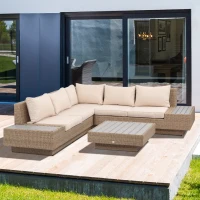 Outsunny Ensemble salon de jardin d'angle 5 places coussins épais table basse résine tressée métal(m-10)