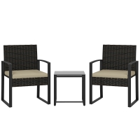 Outsunny Rattan Bistro Set, 3 Piece Garden Furniture Set with Glass Top Table and Cushions, Khaki