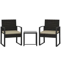 Outsunny Rattan Bistro Set, 3 Piece Garden Furniture Set with Glass Top Table and Cushions, Khaki(m-1)