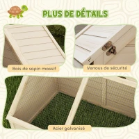 PawHut Maison enclos cage pour petit animal tortue en bois avec couvercle ouvrable, loquets, 2 espaces distincts, bois naturel(m-8)