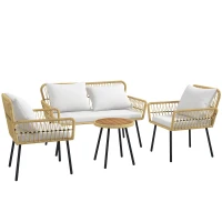 Outsunny Ensemble salon de jardin 4 pièces canapé 2 places 2 fauteuils avec 7 coussins 1 table basse ronde, résine tressée(m-11)