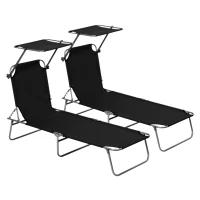 Outsunny 2 Pieces Outdoor Foldable Sun Lounger, 4 Level Adjustable Backrest Reclining Sun Lounger Chair with Angle Adjust Sun Shade Awning for Beach, Garden, Patio, Black(m-1)