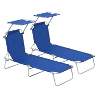 Outsunny 2 Pieces Outdoor Foldable Sun Lounger, 4 Level Adjustable Backrest Reclining Sun Lounger Chair with Angle Adjust Sun Shade Awning for Beach, Garden, Patio, Blue(m-1)