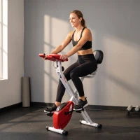 HOMCOM Folding Exercise Bike, Fitness Bicycle Indoor Trainer, Quiet 8-Level Magnetic Resistance, with LCD Monitor, Pulse Sensor and Wheels for Sport Maison and Cardio Training, Red(m-8)