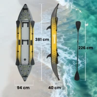 Outsunny 12.5' Inflatable Kayak Set, 2-person Sit on Canoe with Aluminium Oars, Grey and Yellow(m-3)