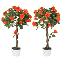 Outsunny Plantă artificială de trandafir cu 21 de flori, ghiveci umplut cu ciment și mușchi, Ø18x90 cm, portocalie(m-1)