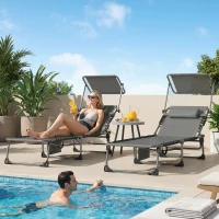 Outsunny Set de 2 Tumbonas Plegables con Reposacabezas Parasol Bolsillo Lateral y Respaldo Reclinable en 5 Posiciones Gris(m-10)
