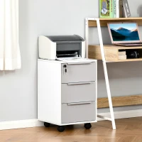 HOMCOM Mueble Archivador con Ruedas 3 Cajones Cerradura y 2 Llaves para Estudio Salón 40x40x63,5 cm Blanco y Gris(m-10)