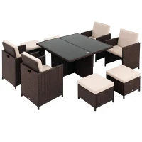 Outsunny 8 Seater Rattan Cube Garden Furniture Set, Rattan Dining Set with Cushions, Outdoor Dining Table and Chairs with 4 Armchairs, 4 Stools, Square Glass Top Table for Patio, Balcony, Brown(m-1)