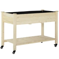 Outsunny Letto per Orto Rialzato in Legno con Rotelle e Ripiano Inferiore, 118x55x83cm, Legno Naturale(m-1)