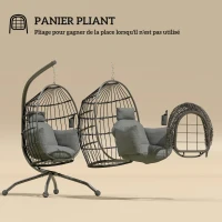 Outsunny Fauteuil suspendu, fauteuil oeuf suspendu panier pliable, coussin rembourré, porte-gobelet, 120x88x192cm, gris foncé(m-5)