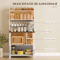 HOMCOM Alacena de Cocina con 6 Ganchos para Tazas 2 Puertas de Vidrio Estantes Abiertos 80x40x152 cm Blanco(m-4)