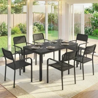 Outsunny Garden Dining Set for 6, Faux Wood Metal Outdoor Table and Stackable Chairs with Plastic Rattan Effect Seat, Black(m-9)