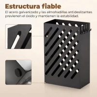 HOMCOM Paragüero de Acero Galvanizado Soporte de Paraguas Estrecho con Bandeja de Goteo Extraíble 4 Ganchos 28x14x41 cm Negro(m-4)