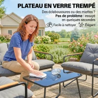 Outsunny Salon de Jardin 4 Pièces Ensemble avec Canapé 2 Places, 2 Fauteuils et Table Basse Verre Trempé Coussins 13cm Gris Clair(m-7)