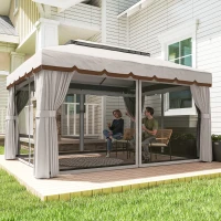 Outsunny Pérgola de Jardim 390x290x270 cm com 4 Cortinas Laterais 4 Telas Mosquiteiras e 8 Orifícios de Drenagem Creme(m-8)
