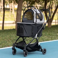 PawHut 3in1 Hundewagen, 2 Kabinen, klappbar, Aufbewahrungskorb, Stahlrahmen, grau, 67 x 49 x 99 cm(m-10)