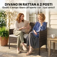 Outsunny Divano da Giardino 2 Posti con Cuscini e Tappetini Antiscivolo, in Rattan e Acciaio, 115x63x85 cm, Beige(m-4)