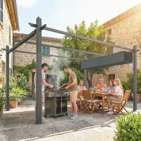 Outsunny Pérgola de Jardín 4x3 m con Cortinas Enrollables Automáticas y Techo Retráctil Cenador de Jardín con UPF50+ Gris Oscuro(m-9)