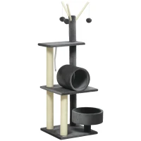PawHut 121cm Cat Tree Tower for Indoor Cats Kitten Activity Centre Scratching Post with Bed Tunnel Perch Interactive Ball Toy Grey(m-1)