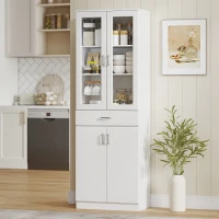 HOMCOM Buffet haut cuisine, armoire de cuisine, 4 portes dont 2 en verre, tiroirs, étagères réglables, 60x35x180cm, blanc(m-10)