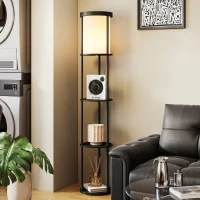 HOMCOM Lampă de Podea LED cu Rafturi Rotunde, Abajur Textile, Comutator cu Pedală și Telecomandă, Negru(m-9)