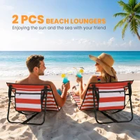 Outsunny Set of 2 Foldable Garden Beach Chair Mat, Outdoor Sun Lounger Seats with Adjustable Back, Magazine Pocket, Carry Strap(m-4)