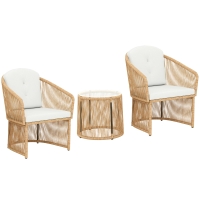 Outsunny Rattan-Bistro-Set, 3-teiliges Gartenmöbel-Set mit rundem Glastisch, Sesseln und Kissen, Cremeweiß