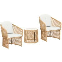 Outsunny Rattan-Bistro-Set, 3-teiliges Gartenmöbel-Set mit rundem Glastisch, Sesseln und Kissen, Cremeweiß(m-1)