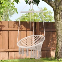 Outsunny Hängesessel Hängeschaukel Schwebesessel Hängestuhl Vintage Ethno wetterfest UV-beständig Baumwolle + Metall Beige Ø80 x H150 cm bis 100 kg(m-10)