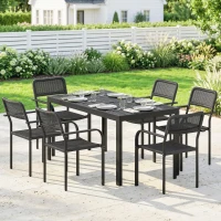 Outsunny Garden Dining Set for 6, Faux Wood Metal Outdoor Table and Stackable Chairs with Plastic Rattan Effect Seat, Black(m-2)