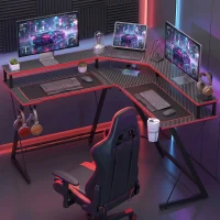 HOMCOM Mesa Gaming Esquinero con Enchufes en Forma de L 128x128 cm con Soporte para Monitor Gancho y Portavasos Negro(m-2)