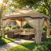 Outsunny 3 x 3.6 m Outdoor Garden Gazebo with Post Shelves, UPF50+ Patio Permanent Pavilion with Hook, Khaki(m-10)