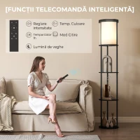 HOMCOM Lampă de Podea LED cu Rafturi Rotunde, Abajur Textile, Comutator cu Pedală și Telecomandă, Negru(m-5)