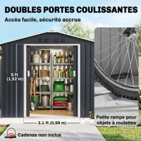 Outsunny Abri de jardin en métal 2,42 m² cabane de jardin 213 x 130 x 185 cm avec fondation, porte coulissante gris foncé(m-6)
