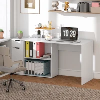 HOMCOM Flexibler Schreibtisch, 2-stufiger Schrank, Schublade, offene Fächer, Holz, Weiß(m-10)