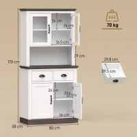 HOMCOM Dulap de bucătărie înalt cu uși din sticlă 2 sertare rafturi reglabile compartiment deschis 80x38x170 cm Alb(m-3)