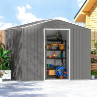 Outsunny Casetta da Giardino 2.3x1.7 m in Acciaio con Prese d'Aria e Doppia Porta Scorrevole, Effetto Legno(m-7)