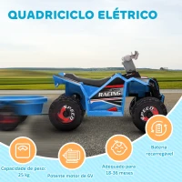 HOMCOM Quadriciclo Elétrico para Crianças com Reboque Bateria 6V de 18-36 Meses com Velocidade 2,5 km/h 106x41,5x48,5 cm Azul(m-6)