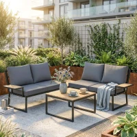 Outsunny 4 Seater Metal Garden Furniture Set, Corner Garden Sofa Set with 2 Loveseats, 2 Nesting Tables, Arm Side Trays, Teak(m-2)