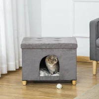 PawHut Căsuță pentru Pisici, Pouf Taburet Tapițat cu Pernă Detasabilă și Lavabilă, Gri(m-8)