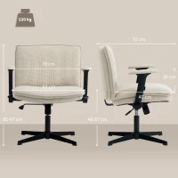 HOMCOM Silla de Oficina Piernas Cruzadas con Reposabrazos Abatible Asiento Ancho sin Ruedas Altura Ajustable Giratoria Crema(m-3)