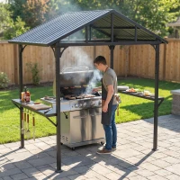 Outsunny Grillpavillon 2,52 x 1,56 m, Wasserdicht Grill Pavillon mit Satteldach Seitenablage Haken Stahlrahmen Schwarz(m-10)