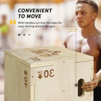 HOMCOM 3-in-1 Wooden Plyo Box, Plyometric Jump Box with Handle Openings for Home Gym, 12" x 14" x 16", Natural(m-5)