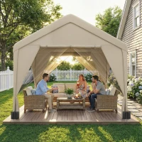 Outsunny 3 x 3 m Patio Gazebo with Netting & Curtains, Outdoor Canopy Shelter with Galvanised Steel Frame, Khaki(m-8)