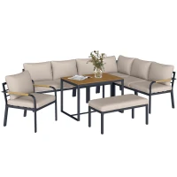 Outsunny Salon de Jardin 7 Pièces Ensemble Canapé d'Angle Extérieur Modulable avec Table en WPC et Pouf Beige et Gris(m-12)