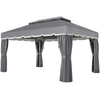 Outsunny Cenador de Jardín 4x3m Pabellón de Jardín Gazebo con Doble Techo 4 Cortinas y Mosquitera Marco de Aluminio UPF50+ Gris(m-11)